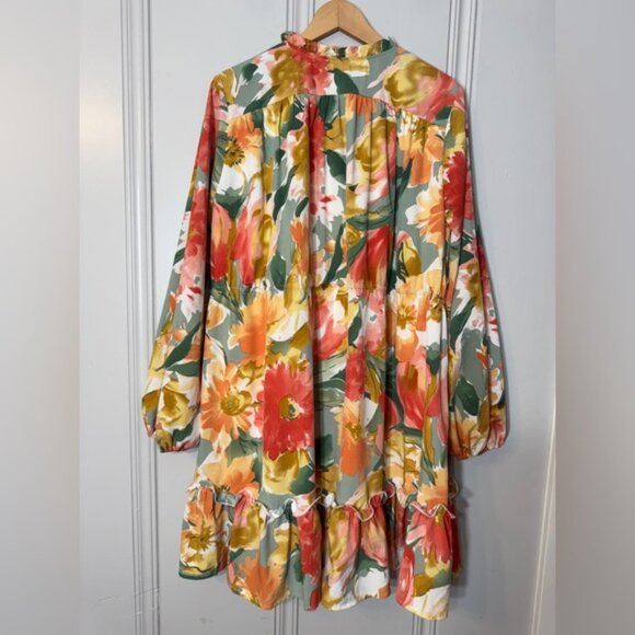 Jodifl Floral Watercolor Blooms Dress Long Sleeves Ruffle Boho Poet Size Large - Picture 14 of 16